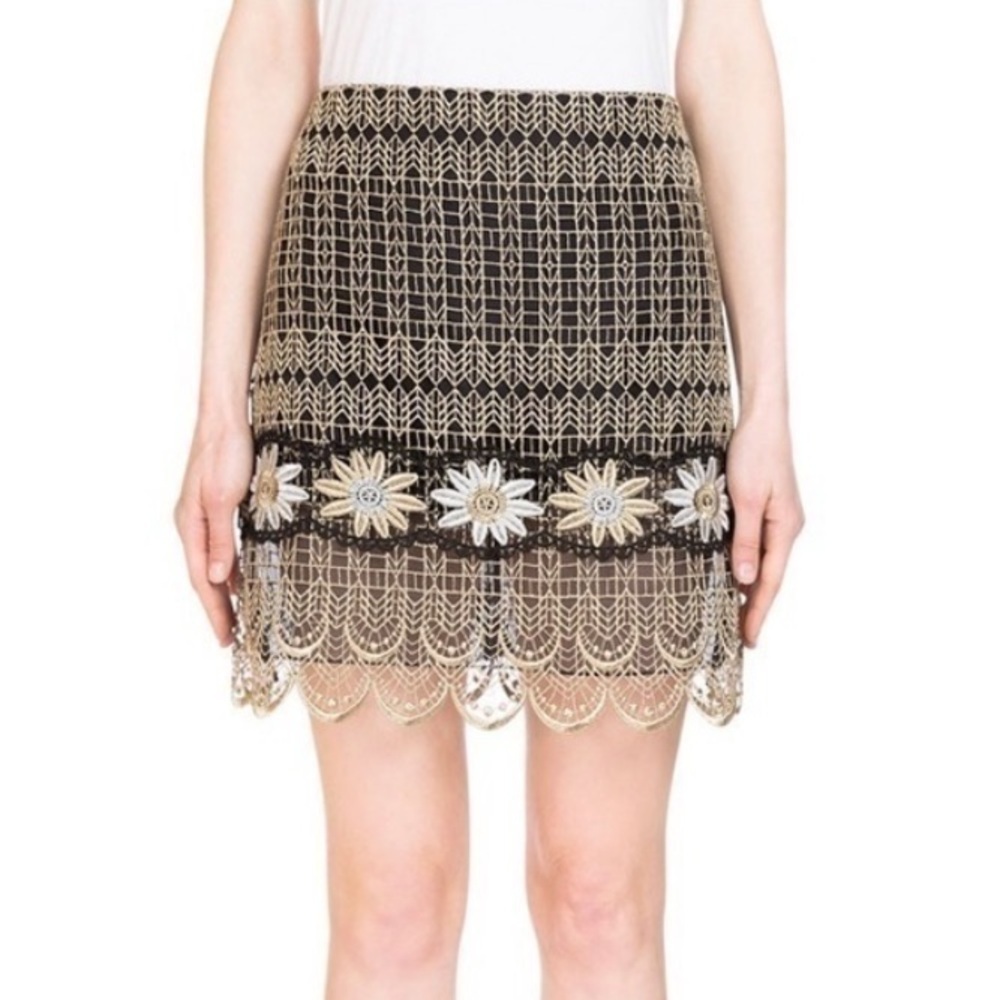 ERDEM- NWT Black and Gold Metallic Mari Deco Guipure Lace Mini Skirt